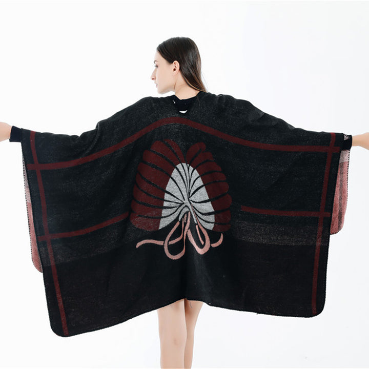 Damen Jacquard-Ruana mit floralem Intarsienmuster und zweifarbiger Wendekante Drune