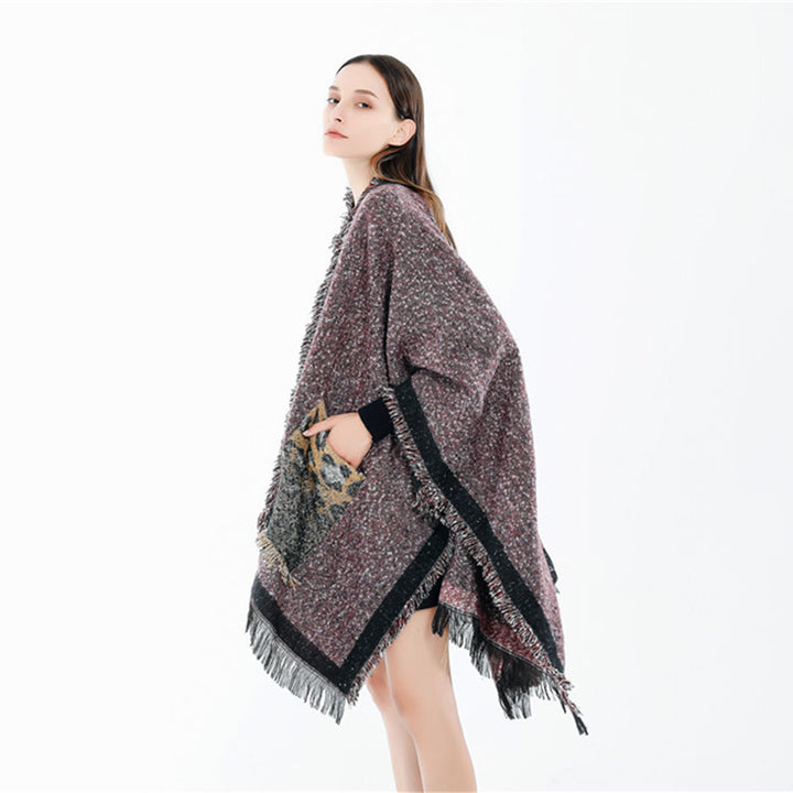 Damen Oversize-Ruana-Poncho im wolligen Mix mit Fransen und Kontrastkante Drune