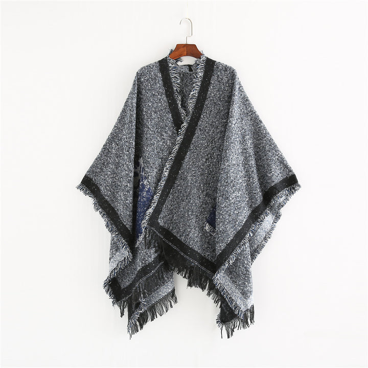 Damen Oversize-Ruana-Poncho im wolligen Mix mit Fransen und Kontrastkante Drune