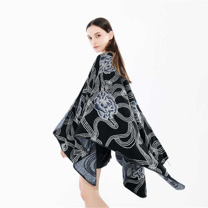 Damen Jacquard‑Ruana mit floralem Relief und kontrastierter Kettelnaht Drune