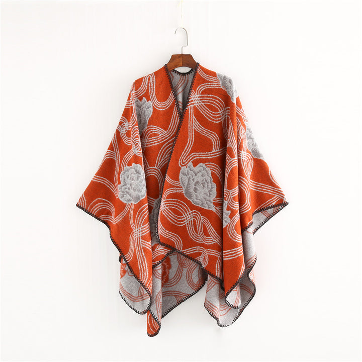 Damen Jacquard‑Ruana mit floralem Relief und kontrastierter Kettelnaht Drune
