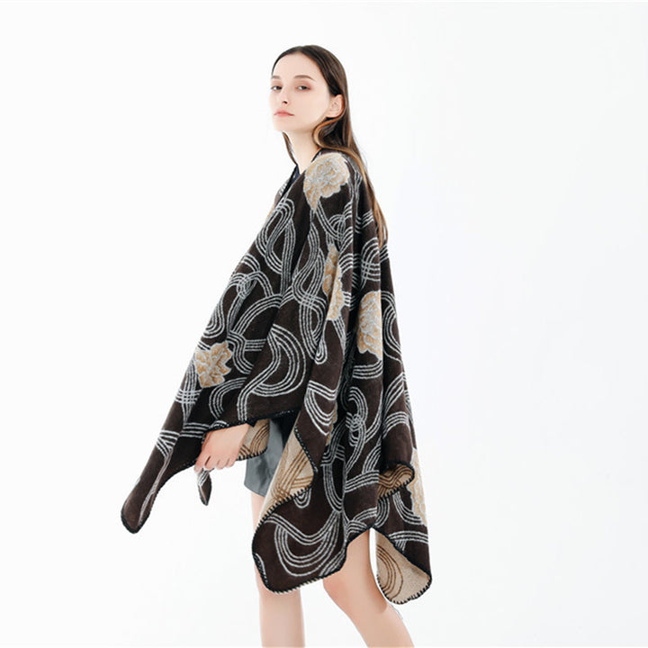 Damen Jacquard‑Ruana mit floralem Relief und kontrastierter Kettelnaht Drune
