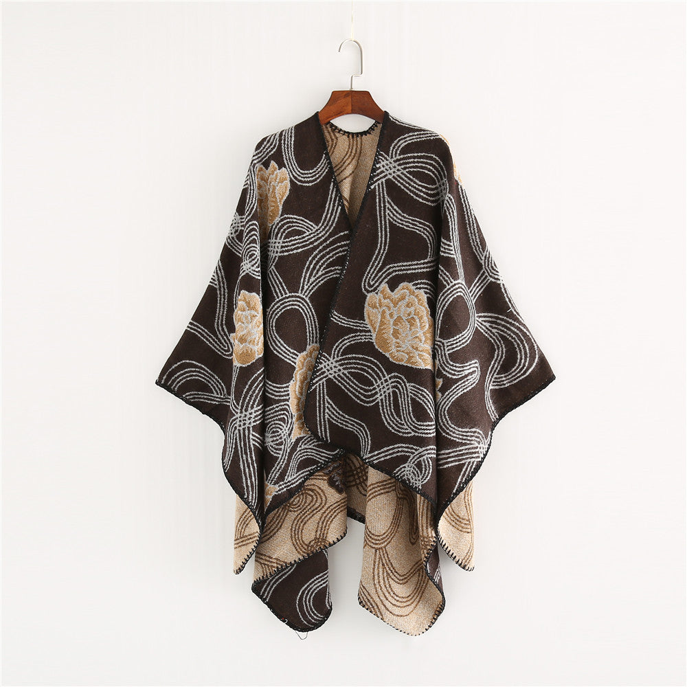 Damen Jacquard‑Ruana mit floralem Relief und kontrastierter Kettelnaht Drune