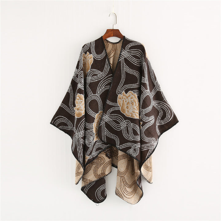 Damen Jacquard‑Ruana mit floralem Relief und kontrastierter Kettelnaht Drune