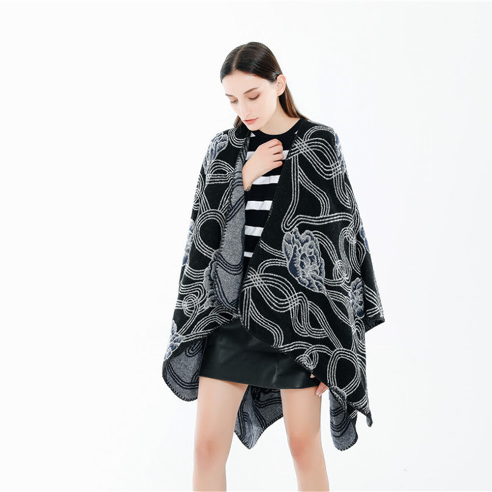 Damen Jacquard‑Ruana mit floralem Relief und kontrastierter Kettelnaht Drune
