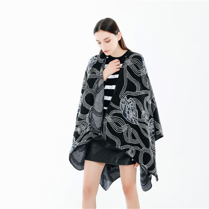 Damen Jacquard‑Ruana mit floralem Relief und kontrastierter Kettelnaht Drune