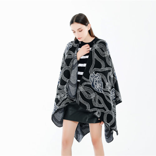 Damen Jacquard‑Ruana mit floralem Relief und kontrastierter Kettelnaht Drune