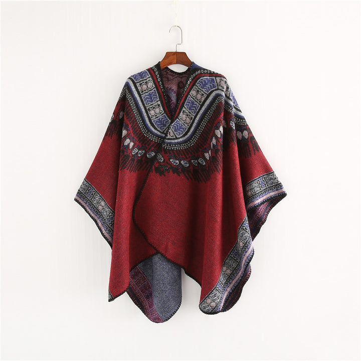 Damen Oversize-Ruana-Poncho im Ethno-Jacquard mit V-Ausschnitt und Bordürenkante Drune