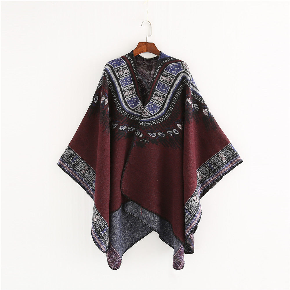Damen Oversize-Ruana-Poncho im Ethno-Jacquard mit V-Ausschnitt und Bordürenkante Drune
