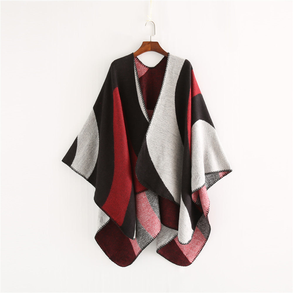 Damen Weichfallender Cape‑Überwurf im Oversize‑Ruana‑Stil mit kontrastierenden Rundflächen und Zierkettnaht Drune
