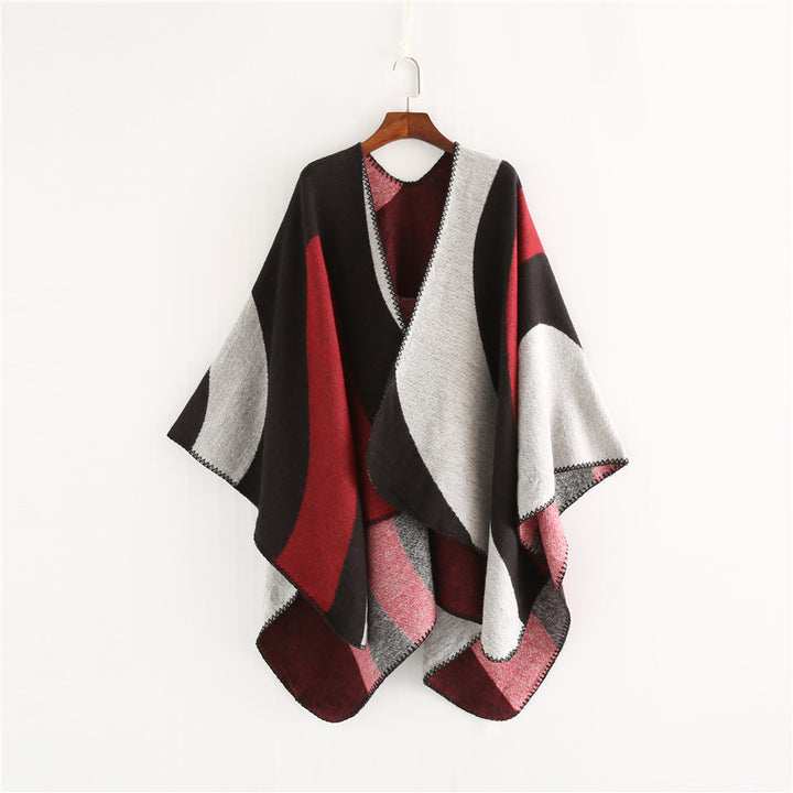 Damen Weichfallender Cape‑Überwurf im Oversize‑Ruana‑Stil mit kontrastierenden Rundflächen und Zierkettnaht Drune
