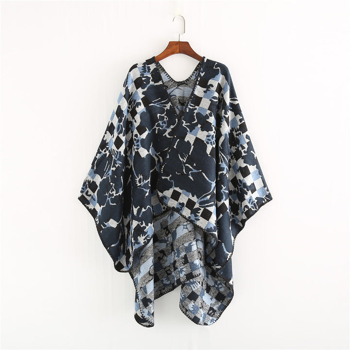 Damen Oversize-Ruana mit V-Ausschnitt und Jacquard-Karo-Floralmuster Drune