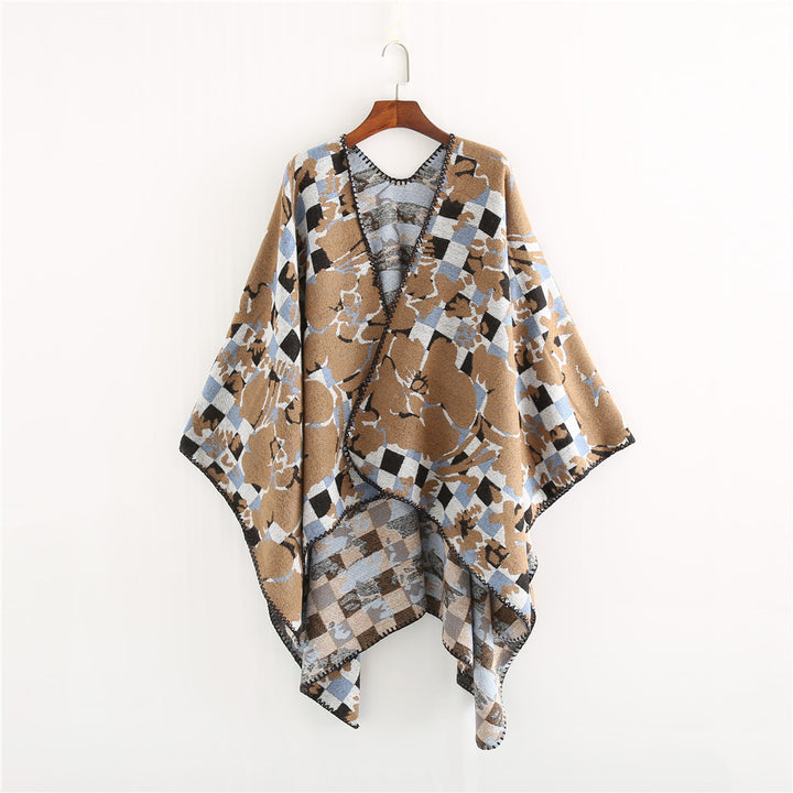 Damen Oversize-Ruana mit V-Ausschnitt und Jacquard-Karo-Floralmuster Drune