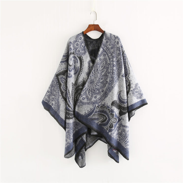 Damen Oversize-Ruana-Überwurf mit Paisley-Jacquard und Zierstichkante Drune