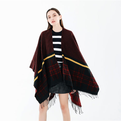 Damen Oversize-Umhangponcho aus Wollmix mit Karomuster, Zickzackjacquard und Fransensaum Drune