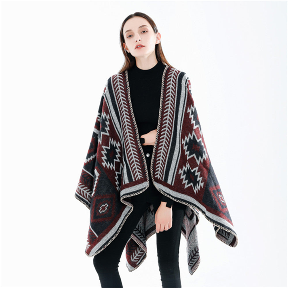 Damen Ethno‑Jacquard Ruana‑Poncho mit kastigem Oversize‑Fall und Zierkettelnaht Drune