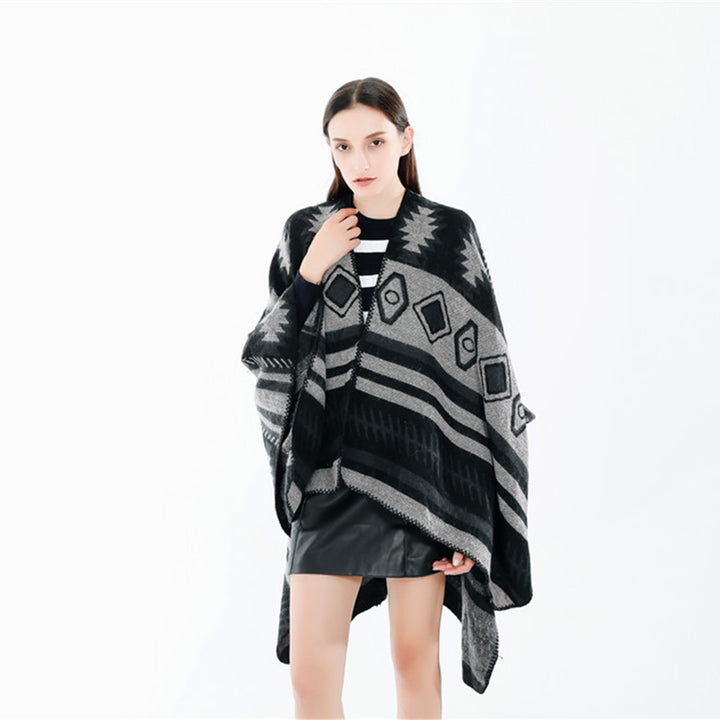 Damen Gewebter Jacquard-Ruana-Poncho mit geometrischem Ethno-Muster Drune