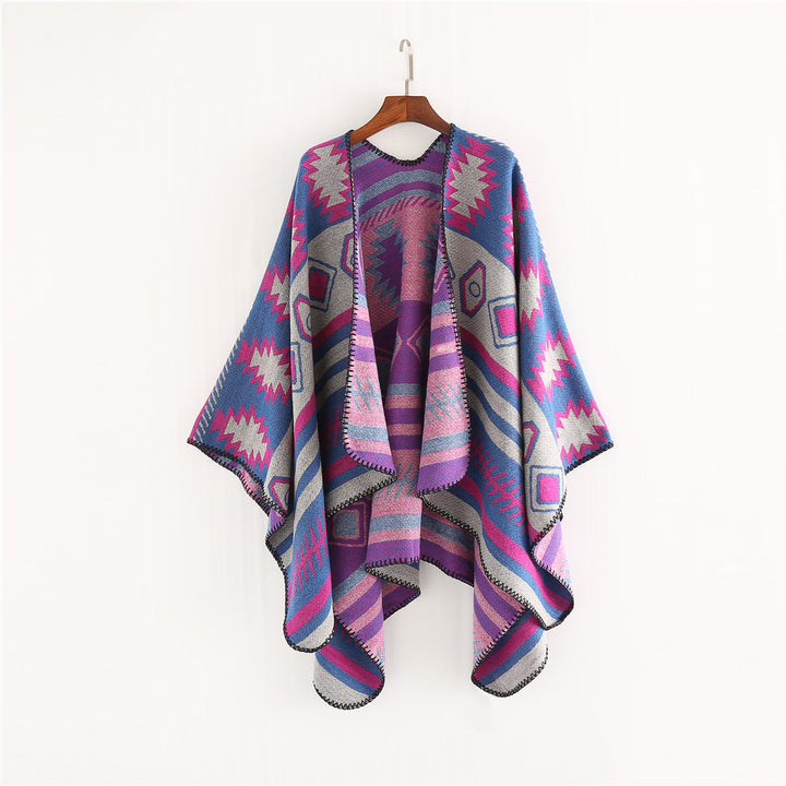Damen Gewebter Jacquard-Ruana-Poncho mit geometrischem Ethno-Muster Drune