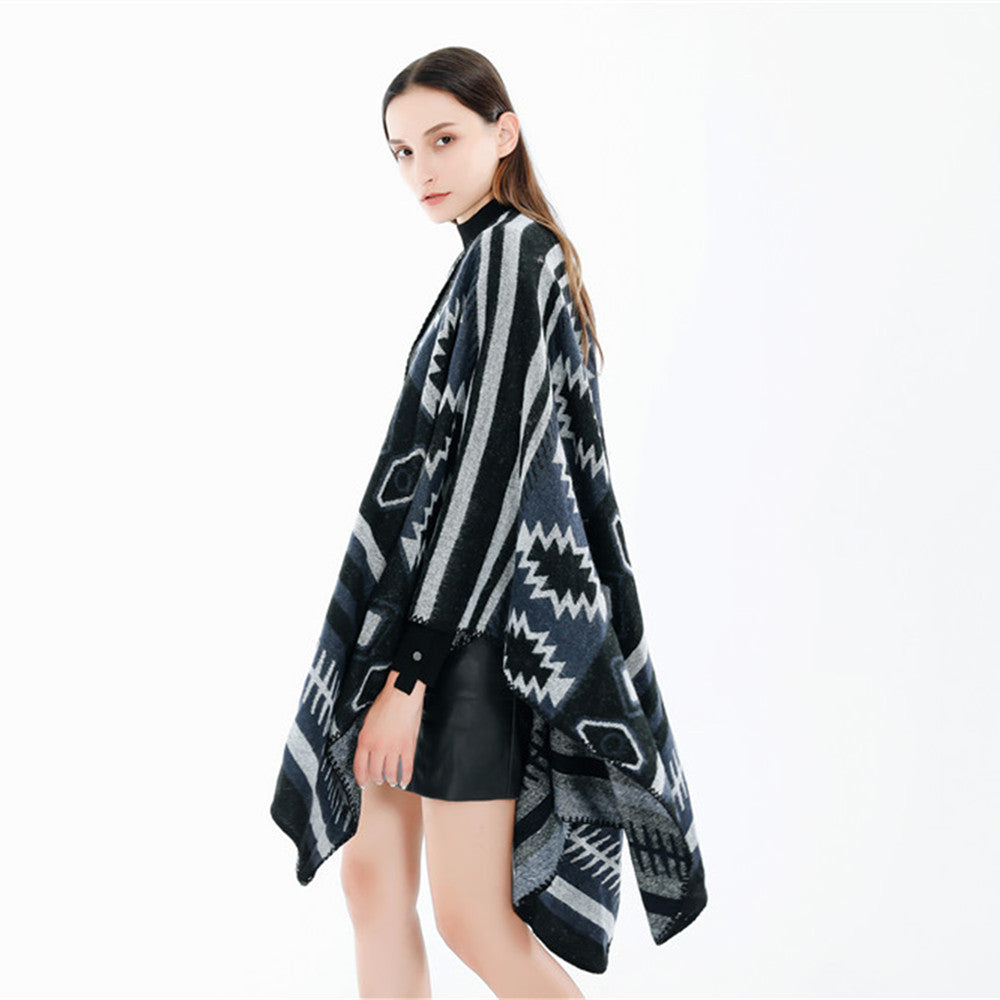 Damen Gewebter Jacquard-Ruana-Poncho mit geometrischem Ethno-Muster Drune
