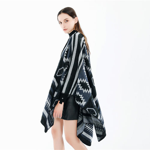 Damen Gewebter Jacquard-Ruana-Poncho mit geometrischem Ethno-Muster Drune