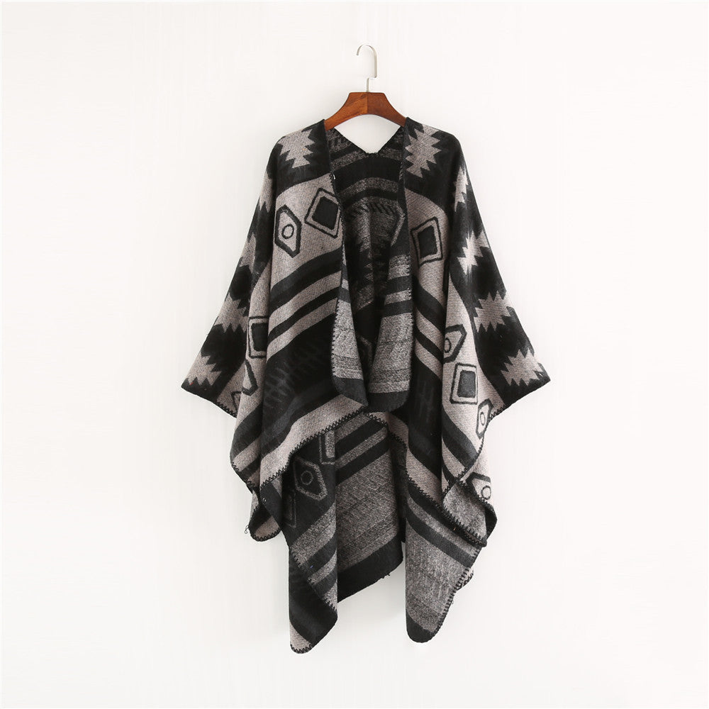 Damen Gewebter Jacquard-Ruana-Poncho mit geometrischem Ethno-Muster Drune