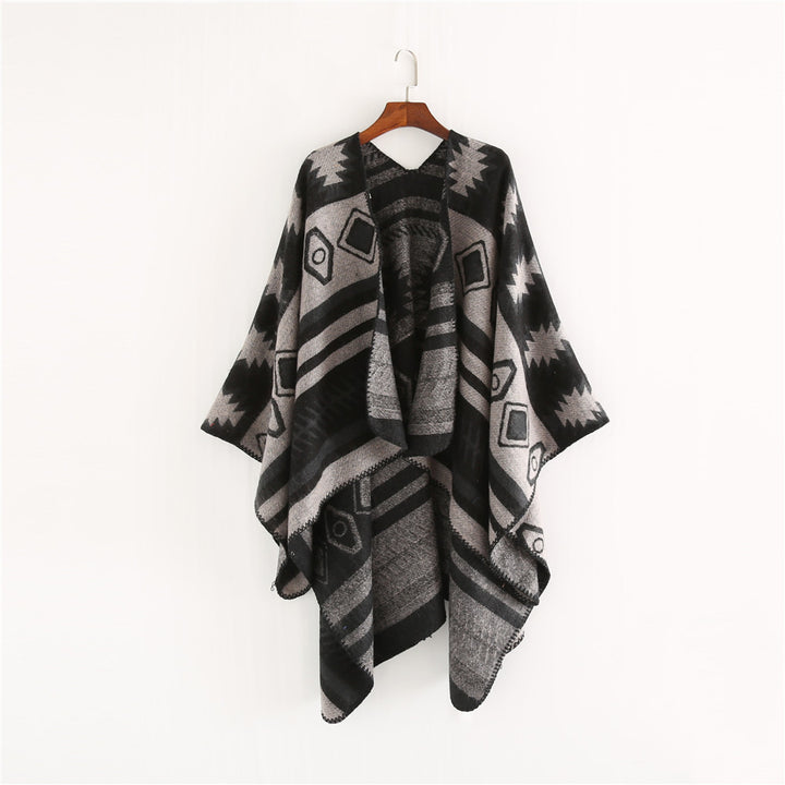 Damen Gewebter Jacquard-Ruana-Poncho mit geometrischem Ethno-Muster Drune