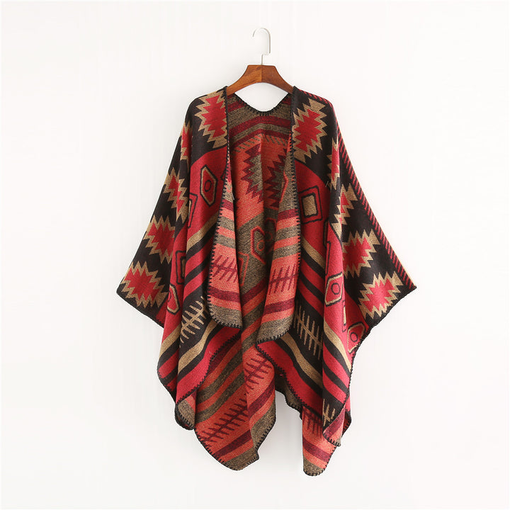 Damen Gewebter Jacquard-Ruana-Poncho mit geometrischem Ethno-Muster Drune