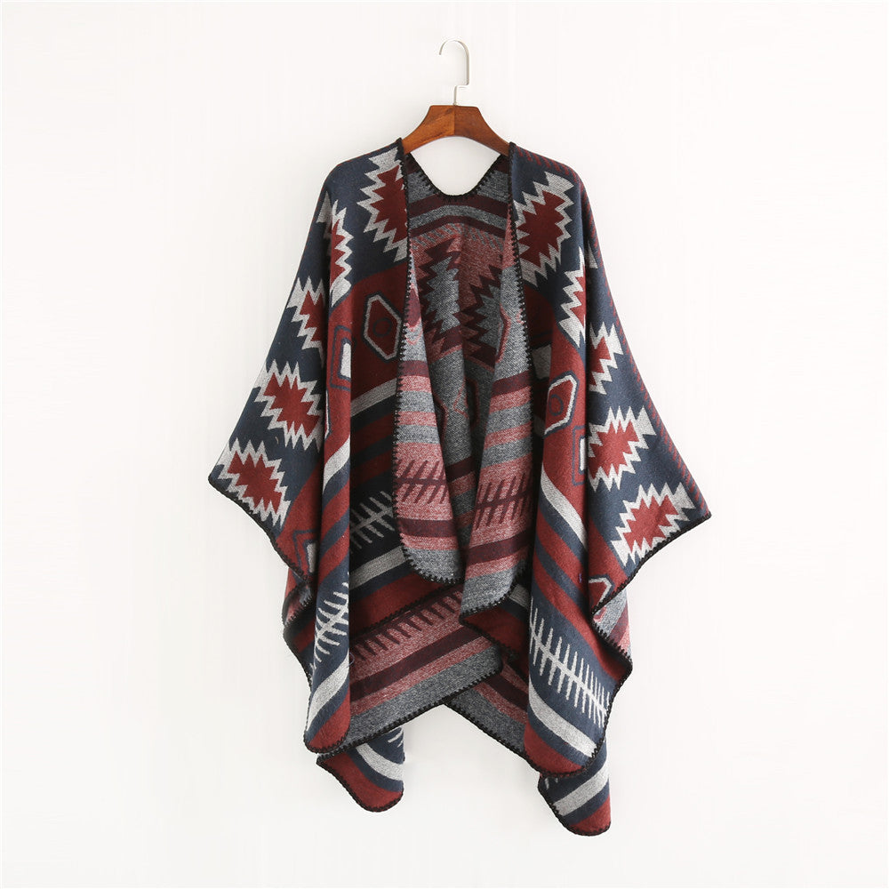 Damen Gewebter Jacquard-Ruana-Poncho mit geometrischem Ethno-Muster Drune