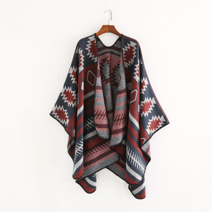 Damen Gewebter Jacquard-Ruana-Poncho mit geometrischem Ethno-Muster Drune