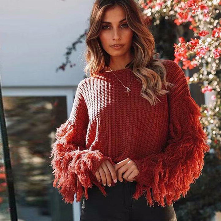 Damen Strickpullover mit fransigen Ärmeln und strukturierter Oberfläche Drune