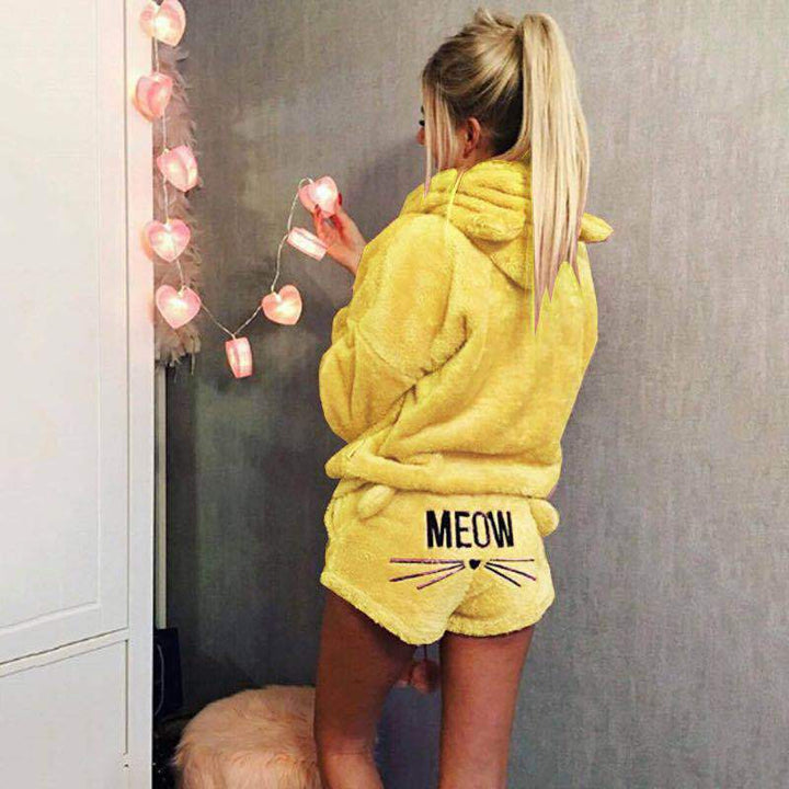 Damen nan kuscheliges zweiteiliges Lounge-Set mit Kapuzenpullover und Shorts mit MEOW-Stickerei Drune