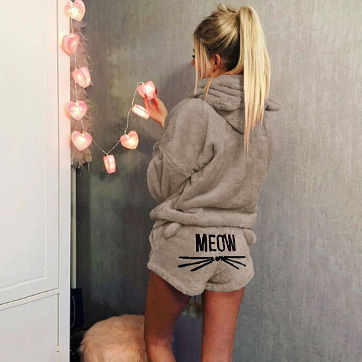 Damen nan kuscheliges zweiteiliges Lounge-Set mit Kapuzenpullover und Shorts mit MEOW-Stickerei Drune