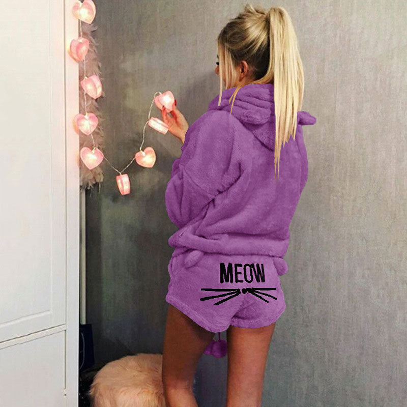 Damen nan kuscheliges zweiteiliges Lounge-Set mit Kapuzenpullover und Shorts mit MEOW-Stickerei Drune