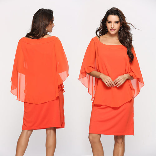 Damen Chiffon-Überwurf-Kleid mit Cape-Ärmeln und geradem Etuikleid Drune