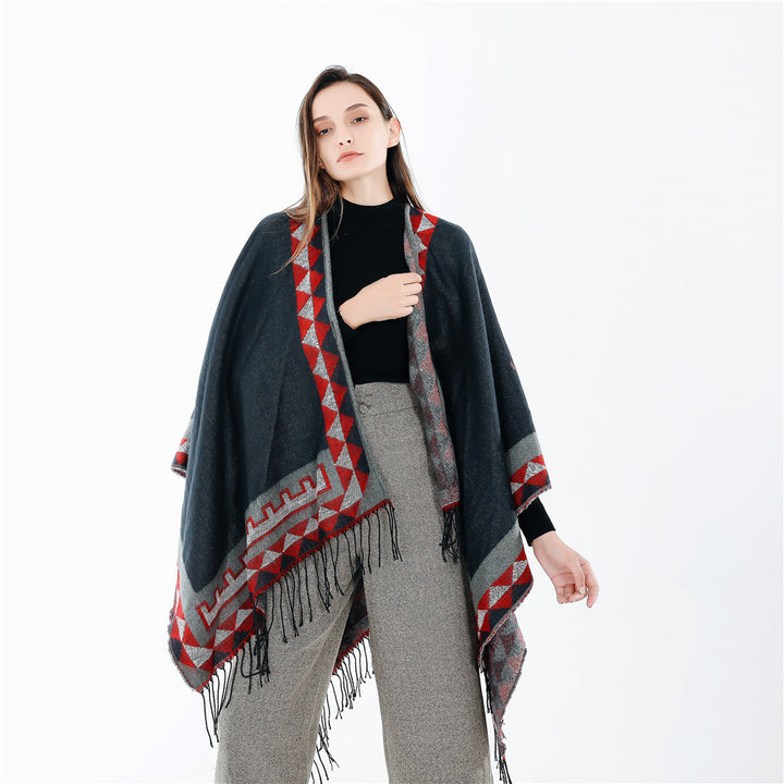 Damen Geometrischer Wollmix-Wickelponcho mit Fransen und Kontrastbordüren Drune