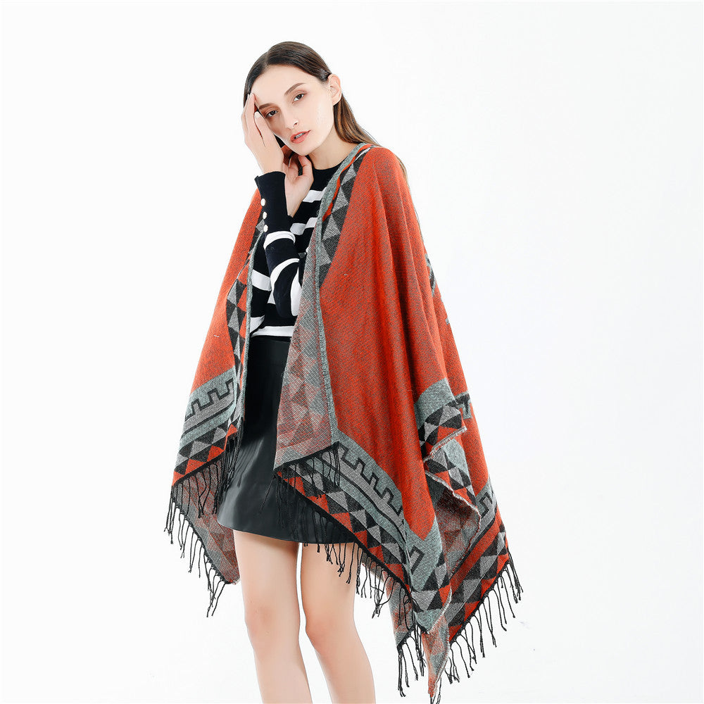 Damen Geometrischer Wollmix-Wickelponcho mit Fransen und Kontrastbordüren Drune