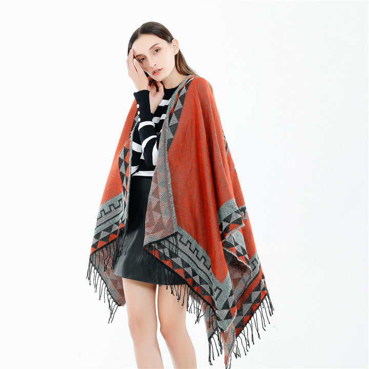 Damen Geometrischer Wollmix-Wickelponcho mit Fransen und Kontrastbordüren Drune
