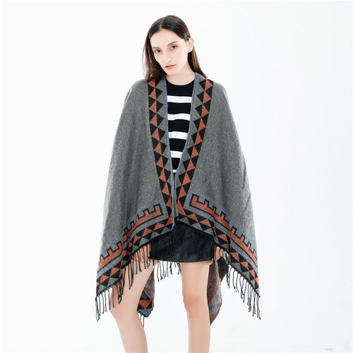 Damen Geometrischer Wollmix-Wickelponcho mit Fransen und Kontrastbordüren Drune