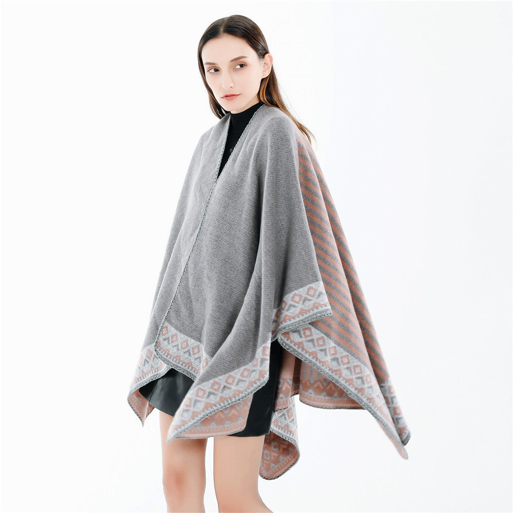 Damen Oversize-Doubleface-Ruana mit gewebter Bordüre und weichem Wollmix Drune