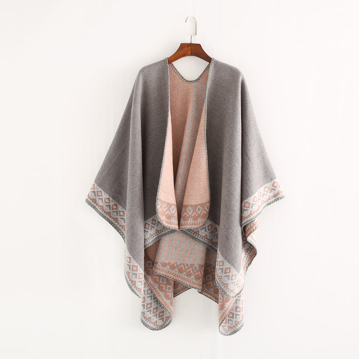 Damen Oversize-Doubleface-Ruana mit gewebter Bordüre und weichem Wollmix Drune