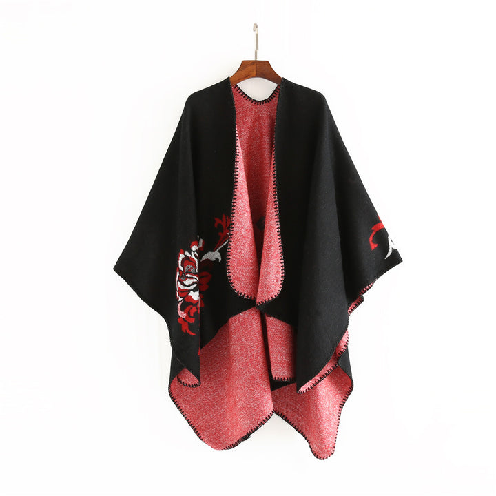 Damen Reversibler Capeponcho aus Wollmix mit floralem Jacquardfutter Drune