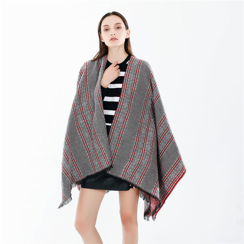Damen Jacquard‑Ruana‑Poncho mit Fransen und offenem Oversize‑Fall Drune