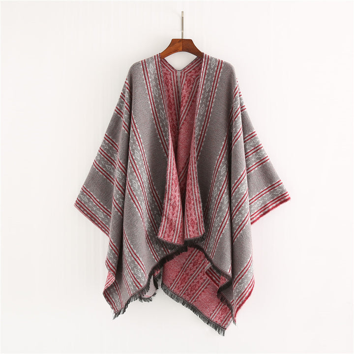 Damen Jacquard‑Ruana‑Poncho mit Fransen und offenem Oversize‑Fall Drune