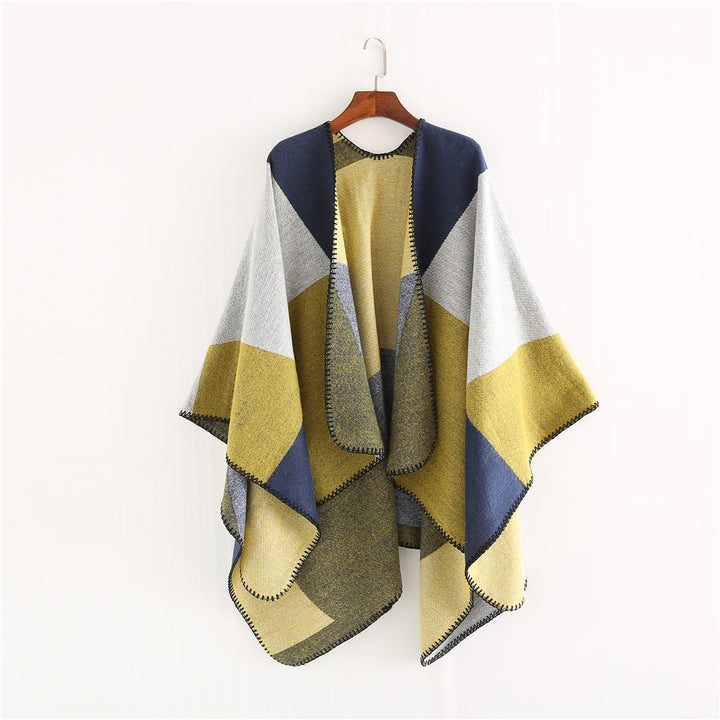 Damen Oversize-Strickruana mit geometrischem Colorblock, offener Front und Zierstichkante Drune