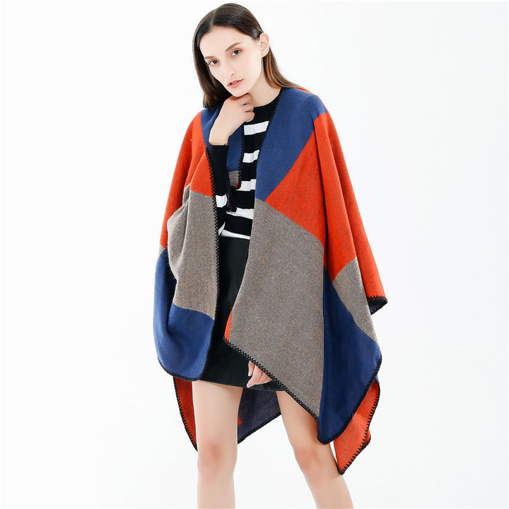 Damen Oversize-Strickruana mit geometrischem Colorblock, offener Front und Zierstichkante Drune