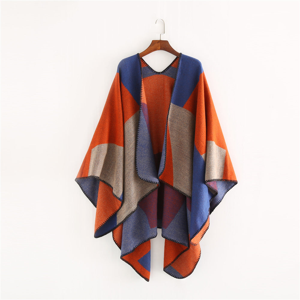 Damen Oversize-Strickruana mit geometrischem Colorblock, offener Front und Zierstichkante Drune