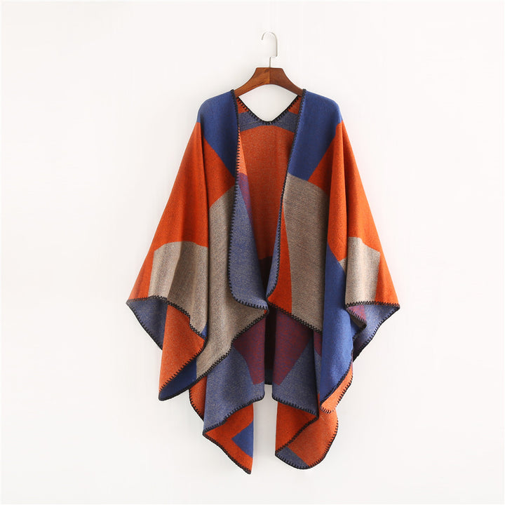 Damen Oversize-Strickruana mit geometrischem Colorblock, offener Front und Zierstichkante Drune