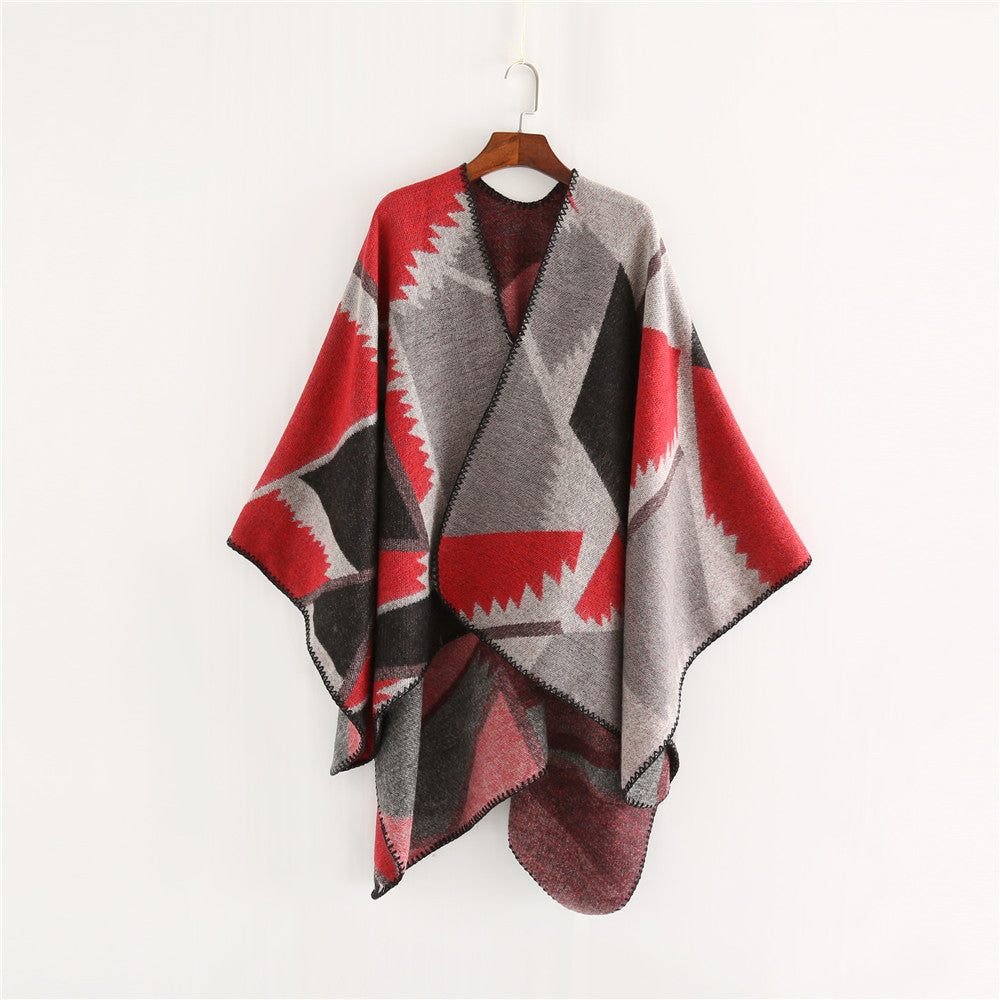 Damen Oversize-Geometrischer Jacquard-Poncho aus Wollmix Drune