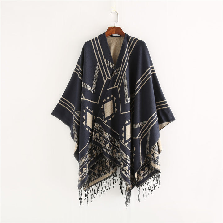 Unisex Ethno-Poncho aus weichem Strick mit Fransen und geometrischem Muster Drune