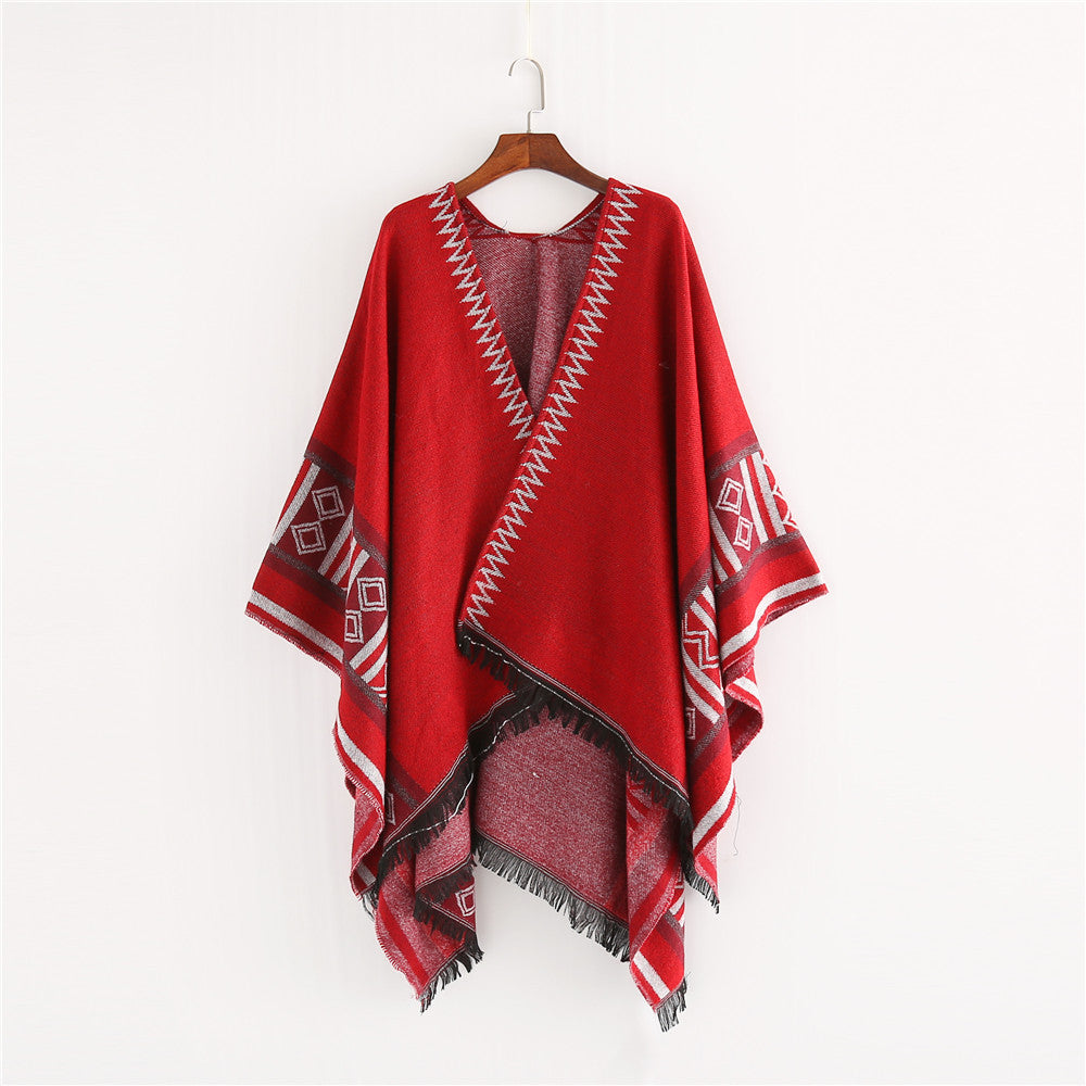 Damen Oversize-Ruana-Poncho im Boho-Ethno-Look aus Wollmix mit V-Ausschnitt und Fransensaum Drune
